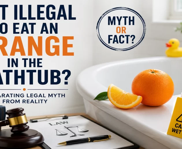 Person holding an orange near a bathtub illustrating the legal myth question is it illegal to eat an orange in the bathtub