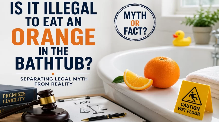 Person holding an orange near a bathtub illustrating the legal myth question is it illegal to eat an orange in the bathtub