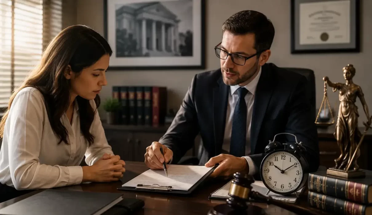 Attorney explaining criminal case deadlines to a client during a legal consultation with a clock, legal documents, judge's gavel, and justice statue representing time limits for pressing charges.