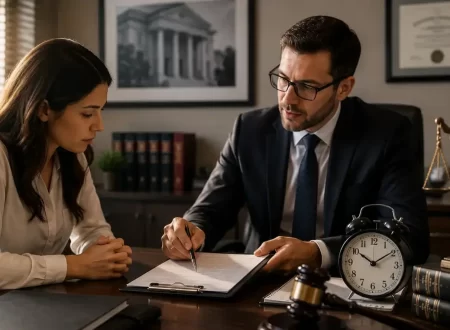 Attorney explaining criminal case deadlines to a client during a legal consultation with a clock, legal documents, judge's gavel, and justice statue representing time limits for pressing charges.