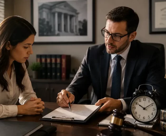 Attorney explaining criminal case deadlines to a client during a legal consultation with a clock, legal documents, judge's gavel, and justice statue representing time limits for pressing charges.