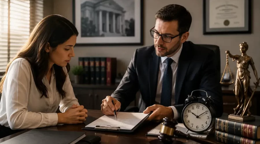 Attorney explaining criminal case deadlines to a client during a legal consultation with a clock, legal documents, judge's gavel, and justice statue representing time limits for pressing charges.