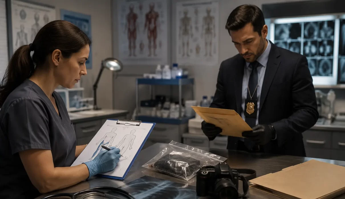 Forensic physician documenting non graphic injuries on a medical chart while a criminal investigator reviews evidence in a forensic examination room.