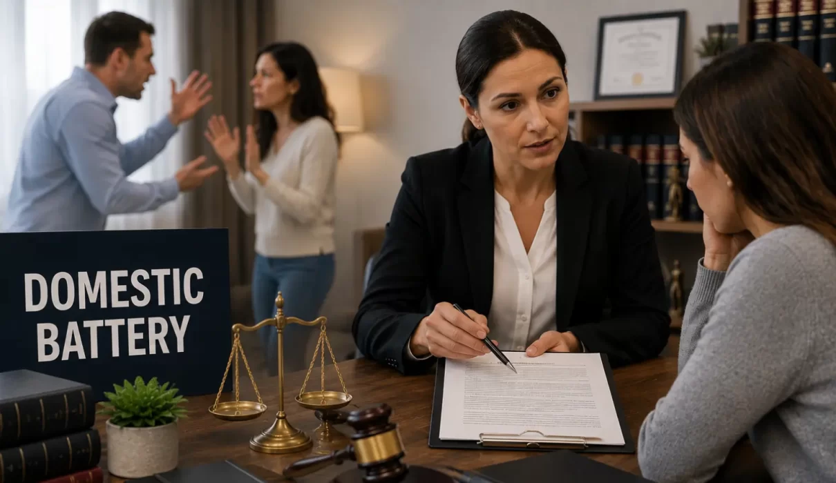 Attorney advising a client about a domestic battery case while a blurred domestic dispute appears in the background with legal documents, a judge's gavel, justice scales, and criminal law references.