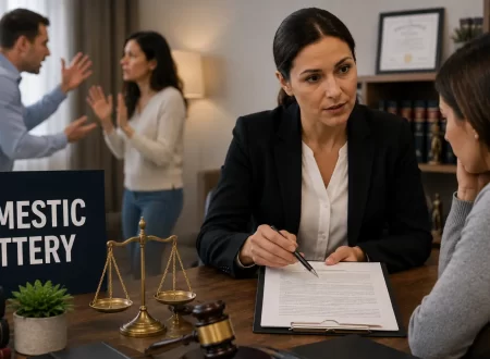 Attorney advising a client about a domestic battery case while a blurred domestic dispute appears in the background with legal documents, a judge's gavel, justice scales, and criminal law references.
