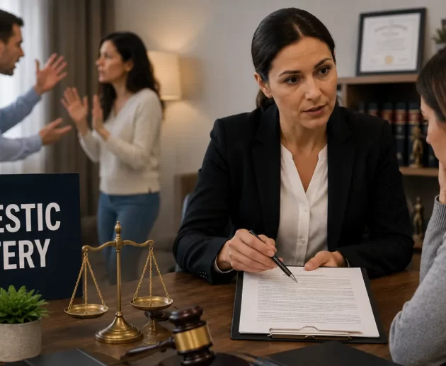 Attorney advising a client about a domestic battery case while a blurred domestic dispute appears in the background with legal documents, a judge's gavel, justice scales, and criminal law references.