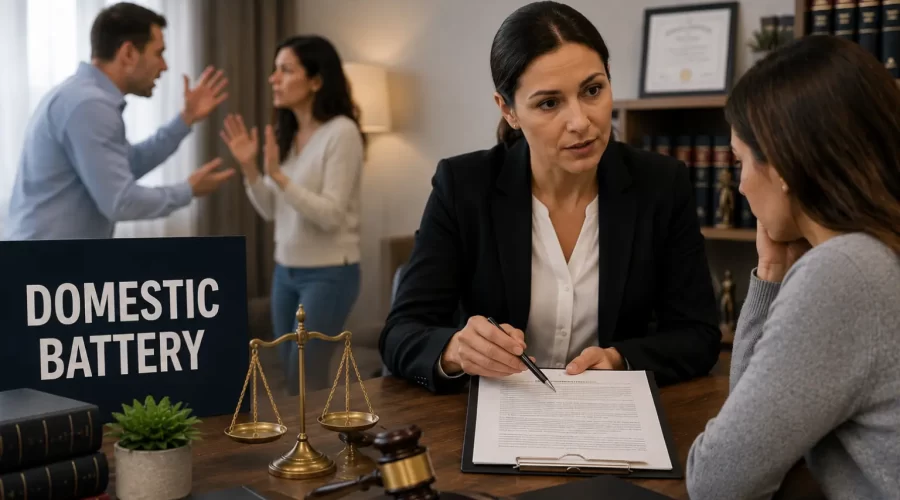 Attorney advising a client about a domestic battery case while a blurred domestic dispute appears in the background with legal documents, a judge's gavel, justice scales, and criminal law references.