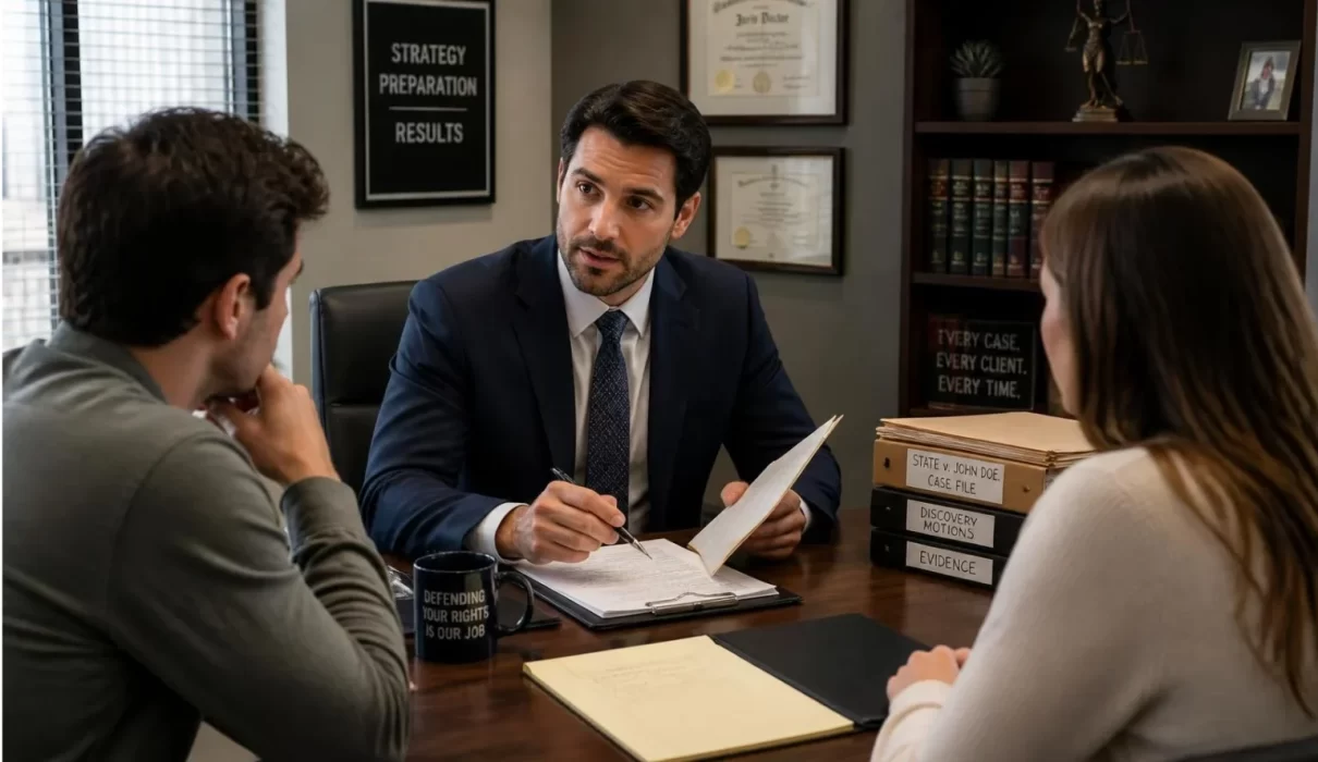 Criminal defense attorney meeting with prospective clients in a modern law office while reviewing legal case files and discussing defense strategy.