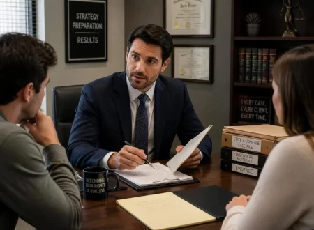 Criminal defense attorney meeting with prospective clients in a modern law office while reviewing legal case files and discussing defense strategy.