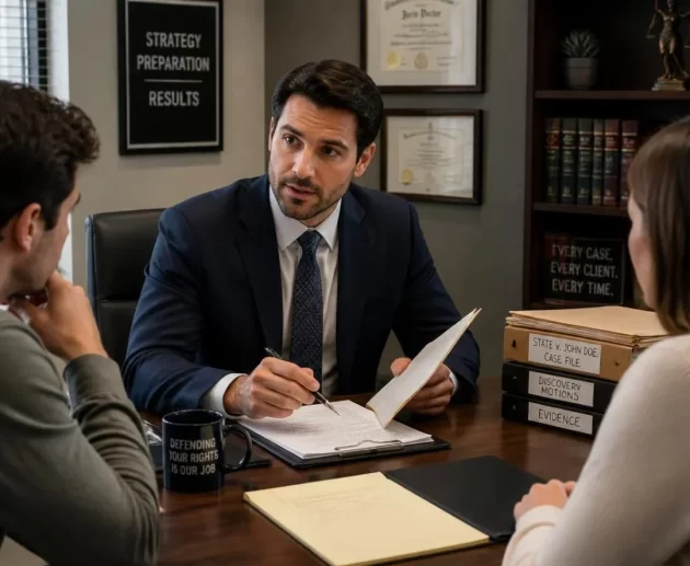 Criminal defense attorney meeting with prospective clients in a modern law office while reviewing legal case files and discussing defense strategy.
