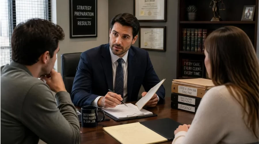 Criminal defense attorney meeting with prospective clients in a modern law office while reviewing legal case files and discussing defense strategy.