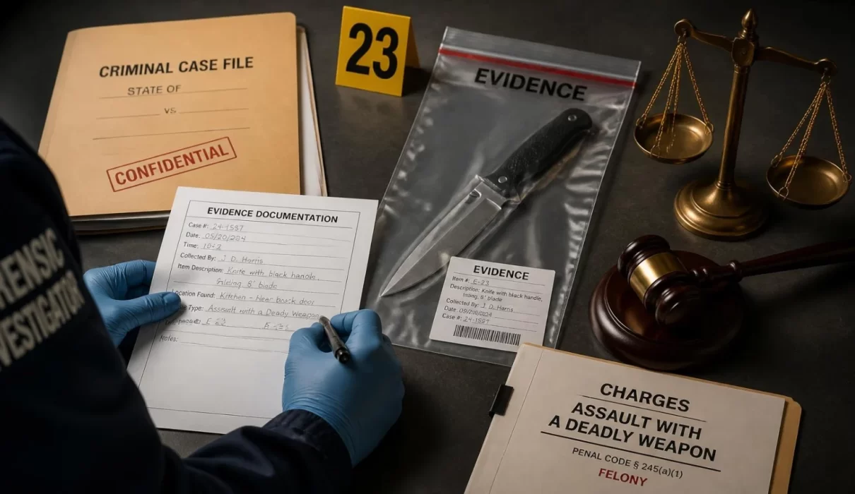 Forensic investigator documenting evidence including a sealed knife, legal case files, justice scales, and a judge's gavel to illustrate assault with a deadly weapon charges.