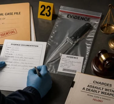 Forensic investigator documenting evidence including a sealed knife, legal case files, justice scales, and a judge's gavel to illustrate assault with a deadly weapon charges.
