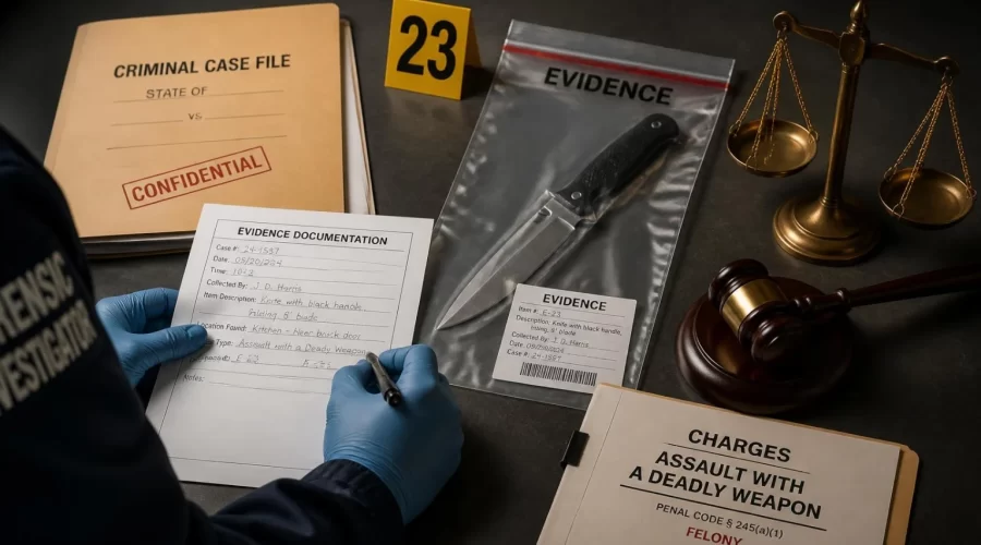 Forensic investigator documenting evidence including a sealed knife, legal case files, justice scales, and a judge's gavel to illustrate assault with a deadly weapon charges.