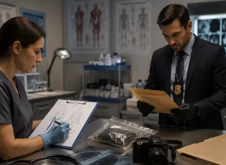 Forensic physician documenting non graphic injuries on a medical chart while a criminal investigator reviews evidence in a forensic examination room.