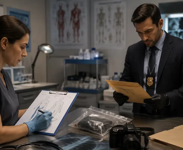 Forensic physician documenting non graphic injuries on a medical chart while a criminal investigator reviews evidence in a forensic examination room.
