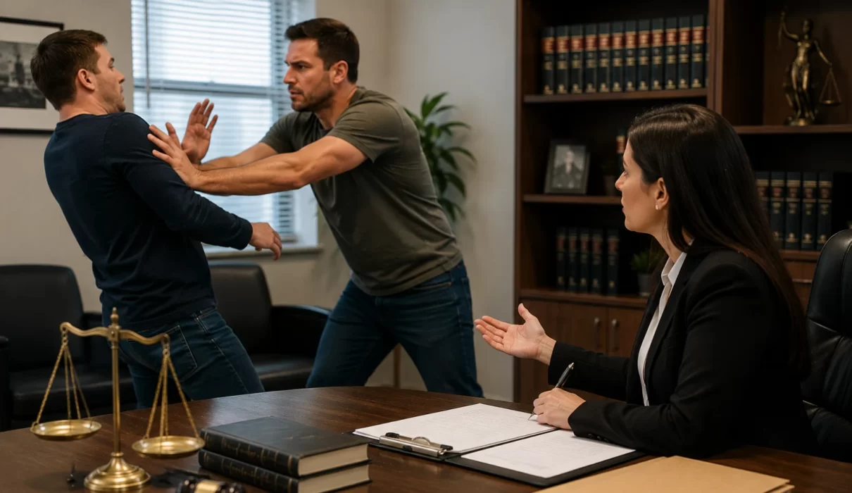 Attorney observing a nonviolent physical confrontation in a legal consultation setting with law books, justice scales, and legal documents illustrating whether pushing, slapping, or shoving may be considered assault.