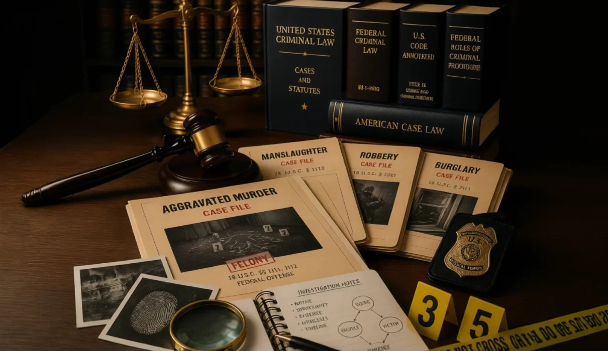 Judge's gavel, justice scales, criminal law books, legal case files, and symbolic crime investigation materials representing aggravated murder, manslaughter, robbery, and burglary under U.S. criminal law.