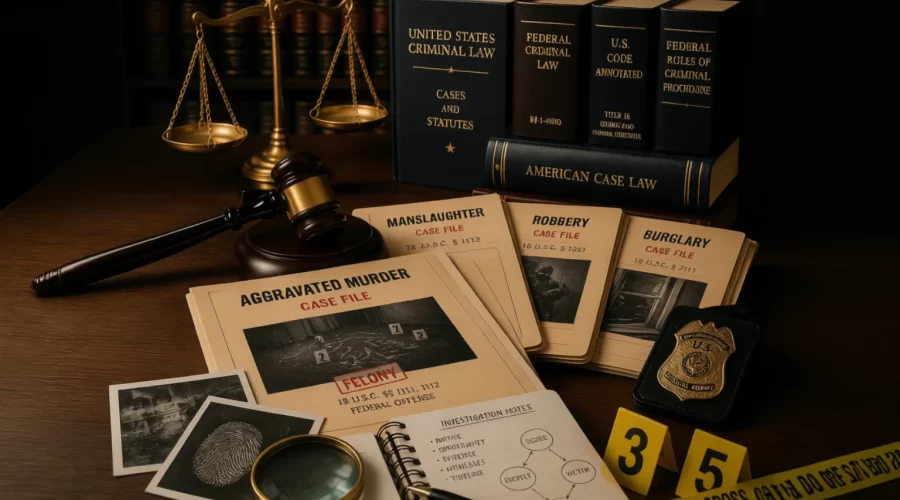 Judge's gavel, justice scales, criminal law books, legal case files, and symbolic crime investigation materials representing aggravated murder, manslaughter, robbery, and burglary under U.S. criminal law.