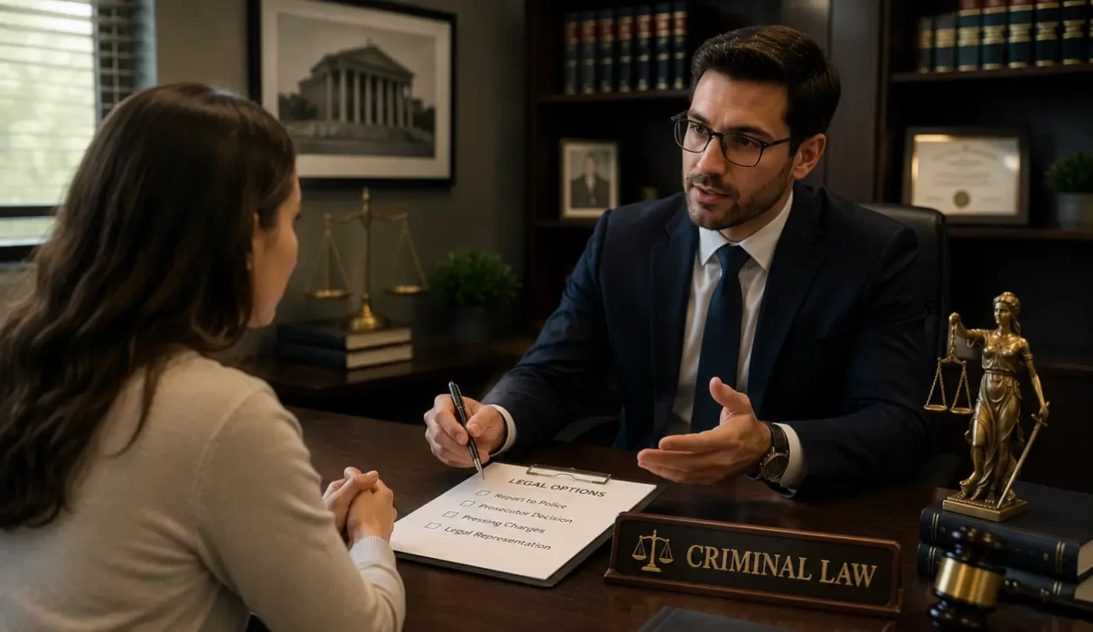 Attorney explaining legal options to a client during a criminal law consultation with legal documents, a judge's gavel, justice scales, and law books in a professional office.