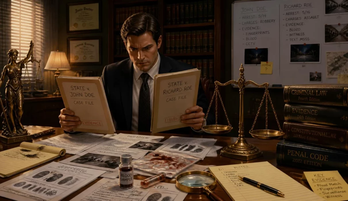 Attorney comparing two criminal case files with legal documents, forensic evidence, justice scales, and law books to illustrate the legal differences between sexual assault and sexual battery.