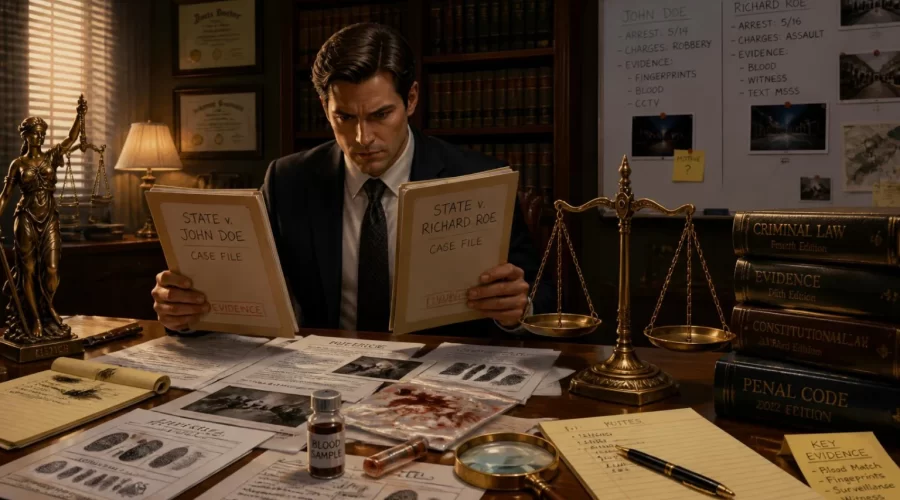Attorney comparing two criminal case files with legal documents, forensic evidence, justice scales, and law books to illustrate the legal differences between sexual assault and sexual battery.