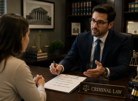 Attorney explaining legal options to a client during a criminal law consultation with legal documents, a judge's gavel, justice scales, and law books in a professional office.
