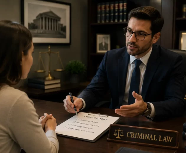 Attorney explaining legal options to a client during a criminal law consultation with legal documents, a judge's gavel, justice scales, and law books in a professional office.