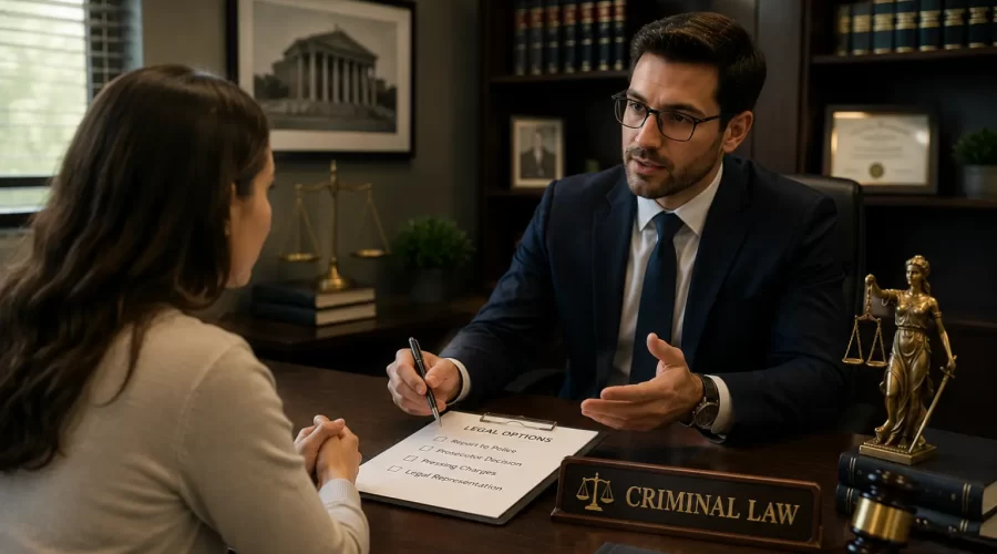 Attorney explaining legal options to a client during a criminal law consultation with legal documents, a judge's gavel, justice scales, and law books in a professional office.