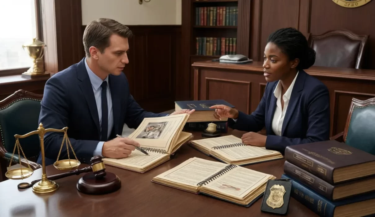 Criminal defense attorney consulting with a client about an assault or battery charge using legal case files, justice scales, and courtroom materials in a courthouse meeting room.