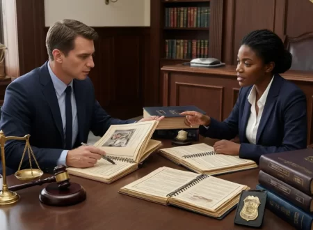 Criminal defense attorney consulting with a client about an assault or battery charge using legal case files, justice scales, and courtroom materials in a courthouse meeting room.