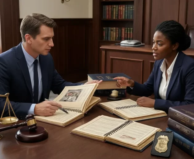 Criminal defense attorney consulting with a client about an assault or battery charge using legal case files, justice scales, and courtroom materials in a courthouse meeting room.