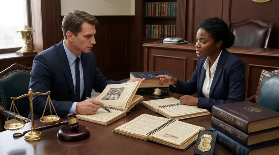 Criminal defense attorney consulting with a client about an assault or battery charge using legal case files, justice scales, and courtroom materials in a courthouse meeting room.