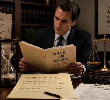 Attorney reviewing archived assault and battery case files beside an hourglass, clock, legal documents, and justice scales representing statutes of limitations.
