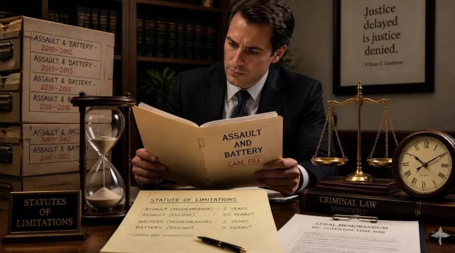 Attorney reviewing archived assault and battery case files beside an hourglass, clock, legal documents, and justice scales representing statutes of limitations.