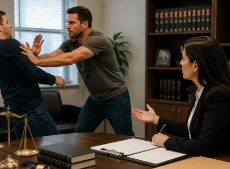 Attorney observing a nonviolent physical confrontation in a legal consultation setting with law books, justice scales, and legal documents illustrating whether pushing, slapping, or shoving may be considered assault.