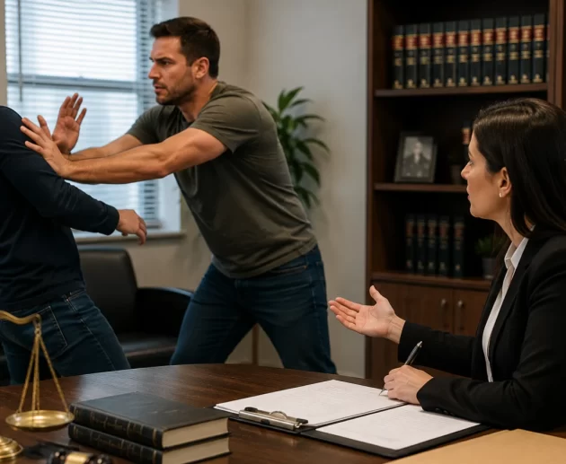 Attorney observing a nonviolent physical confrontation in a legal consultation setting with law books, justice scales, and legal documents illustrating whether pushing, slapping, or shoving may be considered assault.