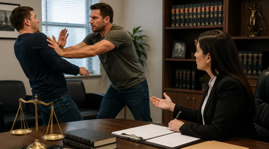 Attorney observing a nonviolent physical confrontation in a legal consultation setting with law books, justice scales, and legal documents illustrating whether pushing, slapping, or shoving may be considered assault.