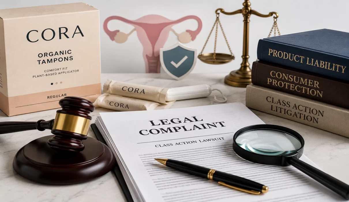 Gavel and feminine hygiene products representing the Cora Tampons Lawsuit and consumer product legal claims