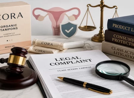 Gavel and feminine hygiene products representing the Cora Tampons Lawsuit and consumer product legal claims