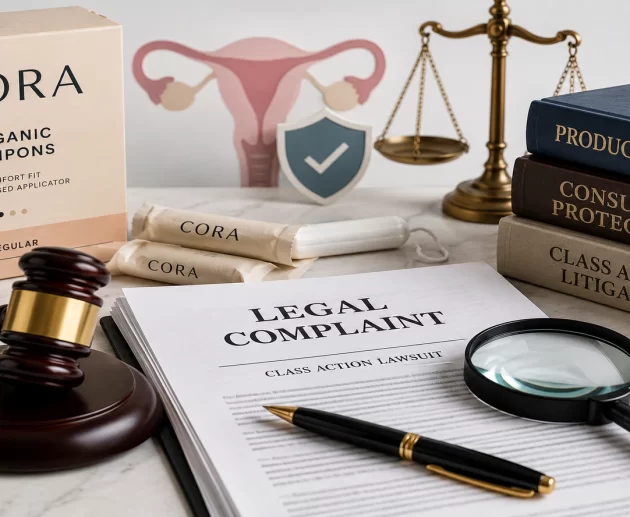 Gavel and feminine hygiene products representing the Cora Tampons Lawsuit and consumer product legal claims