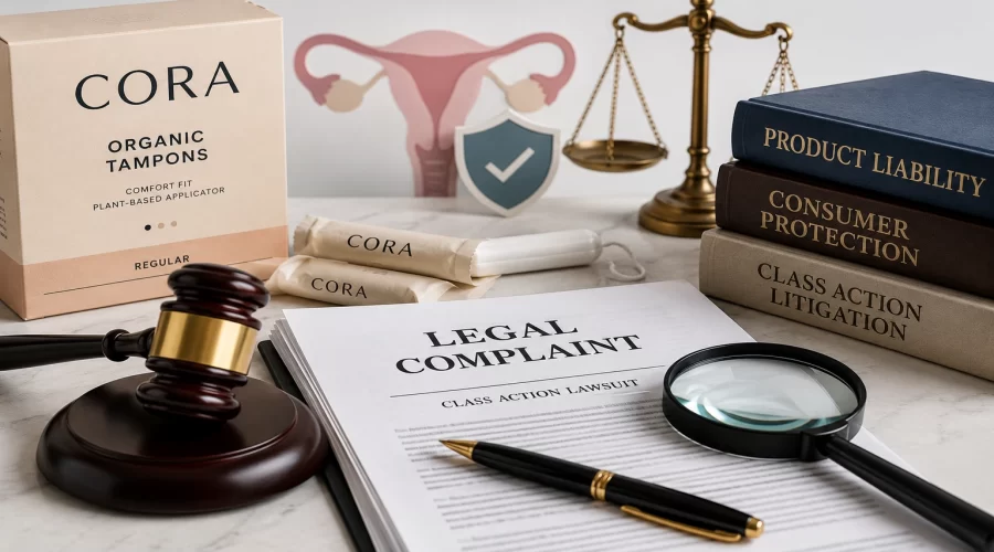 Gavel and feminine hygiene products representing the Cora Tampons Lawsuit and consumer product legal claims