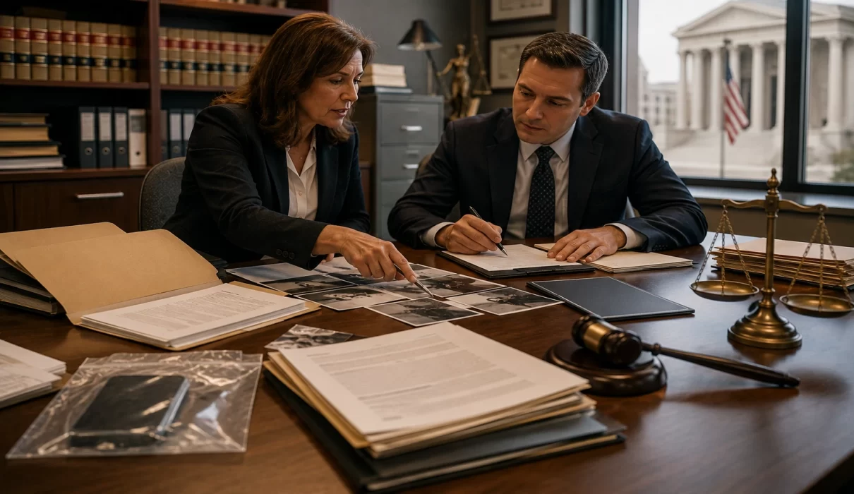 Prosecutor reviewing a criminal case file with evidence documents, police reports, and legal materials after criminal charges have been initiated.