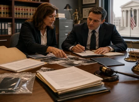 Prosecutor reviewing a criminal case file with evidence documents, police reports, and legal materials after criminal charges have been initiated.