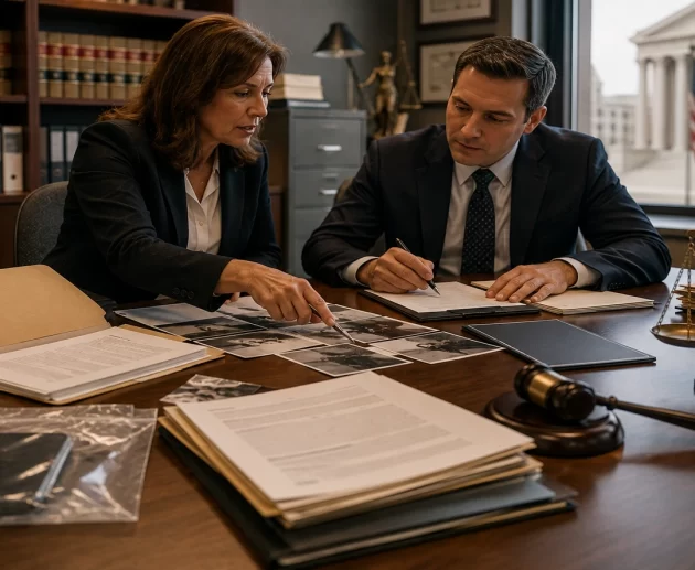 Prosecutor reviewing a criminal case file with evidence documents, police reports, and legal materials after criminal charges have been initiated.