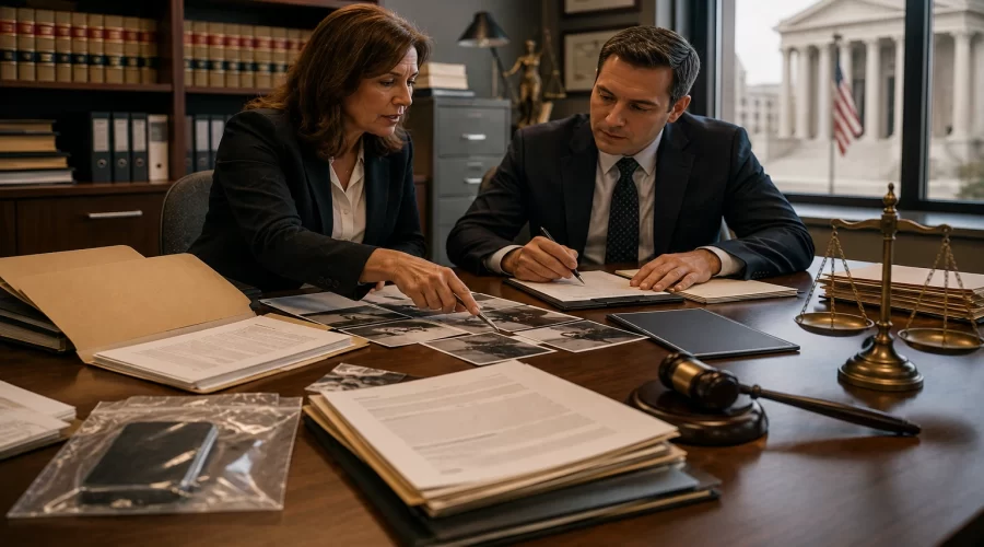Prosecutor reviewing a criminal case file with evidence documents, police reports, and legal materials after criminal charges have been initiated.