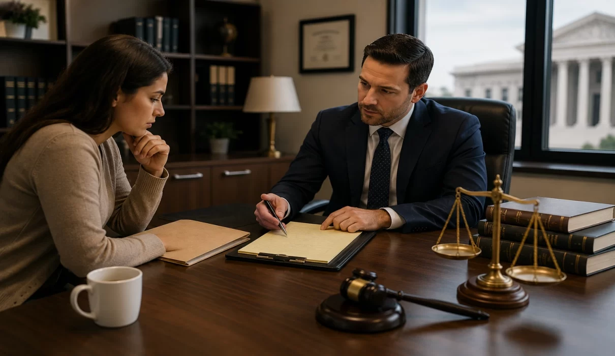 Attorney and client reviewing a criminal case file during a legal consultation while discussing whether pressing criminal charges is the right decision.