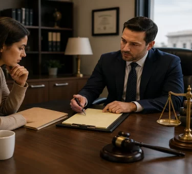 Attorney and client reviewing a criminal case file during a legal consultation while discussing whether pressing criminal charges is the right decision.