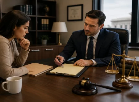 Attorney and client reviewing a criminal case file during a legal consultation while discussing whether pressing criminal charges is the right decision.