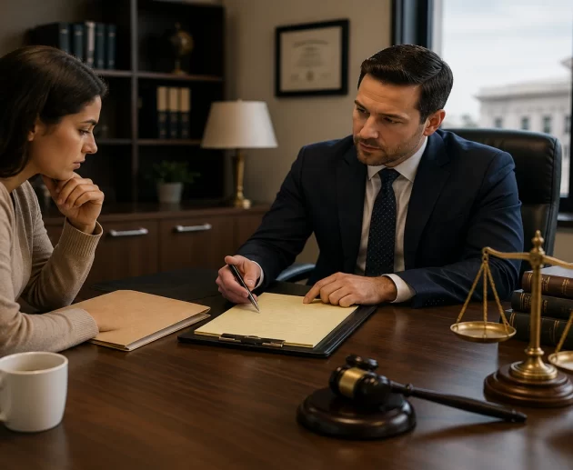 Attorney and client reviewing a criminal case file during a legal consultation while discussing whether pressing criminal charges is the right decision.